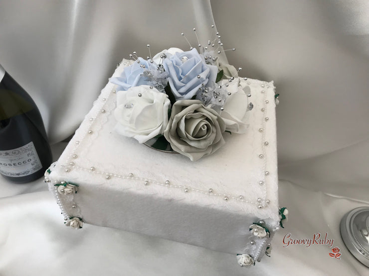 Ice Blue, Silver & White Roses With Delicate Heart Brooch