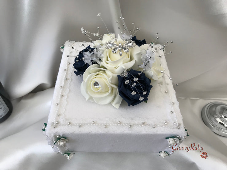 Navy & Ivory Rose With Silver & Crystal Butterfly