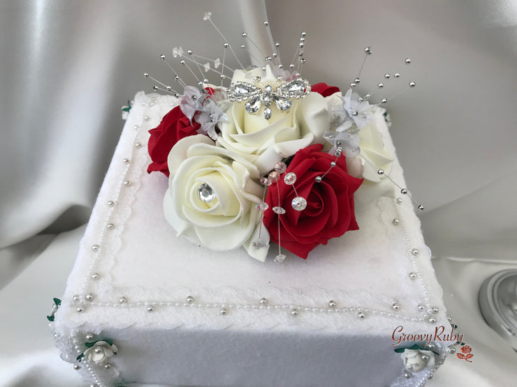 Red & Ivory Rose With Silver & Crystal Butterfly
