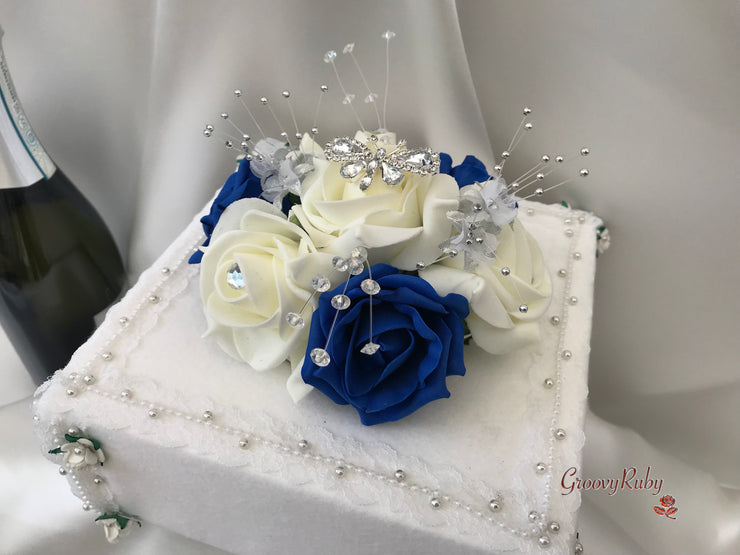 Royal Blue & Ivory Rose With Silver & Crystal Butterfly
