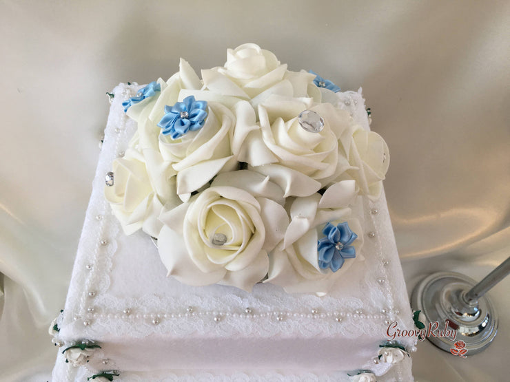 Rose Bouquets With Baby Blue Satin Diamante Flowers