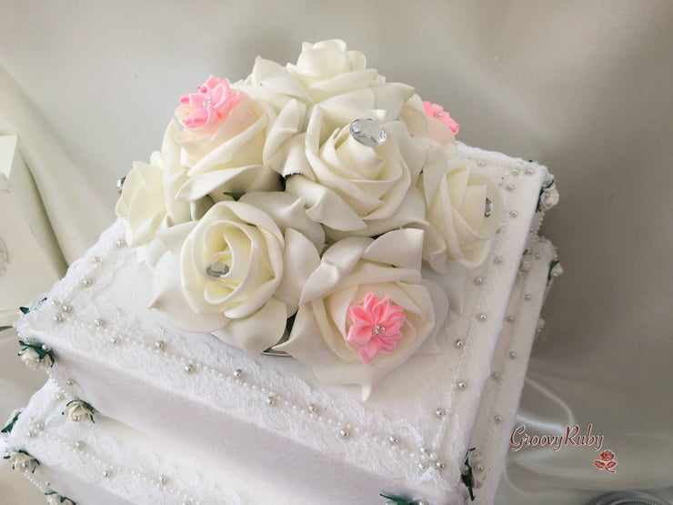 Rose Bouquets With Baby Pink Satin Diamante Flowers