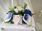 White & Blue Centred Calla Lilies With Roses & Heart Brooch