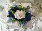 White & Blue Centred Calla Lilies With Roses & Heart Brooch