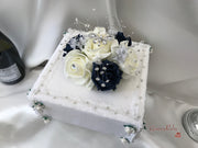 Navy & Ivory Rose With Silver & Crystal Butterfly