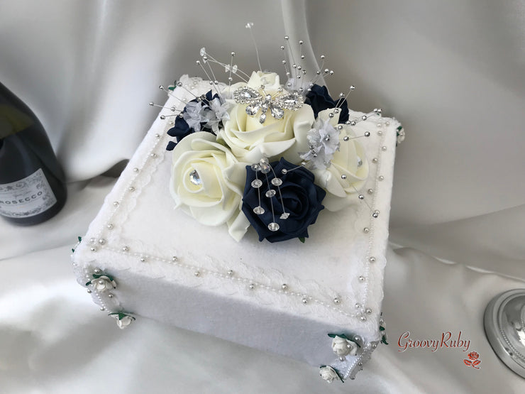 Navy & Ivory Rose With Silver & Crystal Butterfly