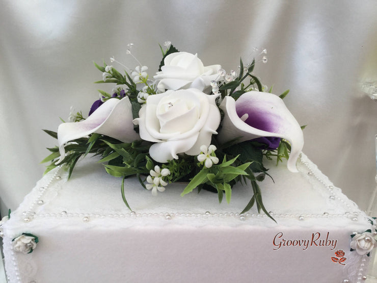 White & Cadbury Purple Centred Calla Lilies With Roses & Crystal Butterfly Brooch