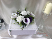 White & Cadbury Purple Centred Calla Lilies With Roses & Crystal Butterfly Brooch