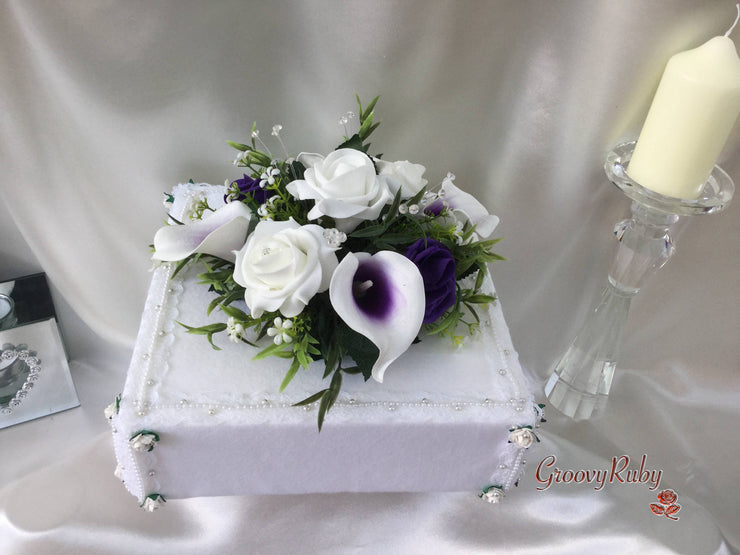 White & Cadbury Purple Centred Calla Lilies With Roses & Crystal Butterfly Brooch