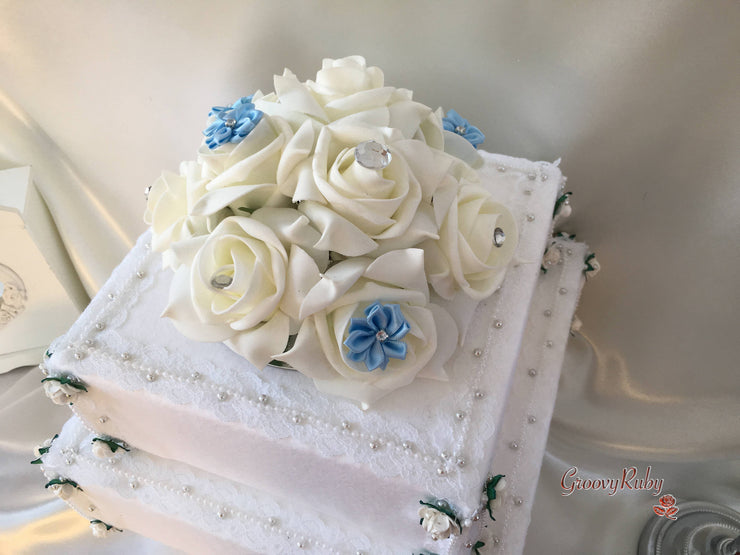 Rose Bouquets With Baby Blue Satin Diamante Flowers