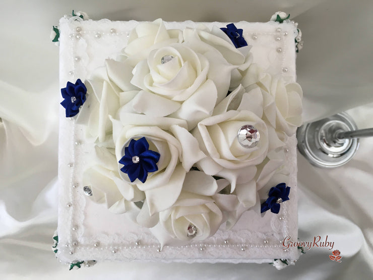 Rose Bouquets With Royal Blue Satin Diamante Flowers