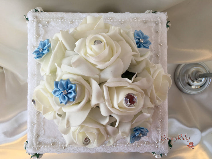 Rose Bouquets With Baby Blue Satin Diamante Flowers