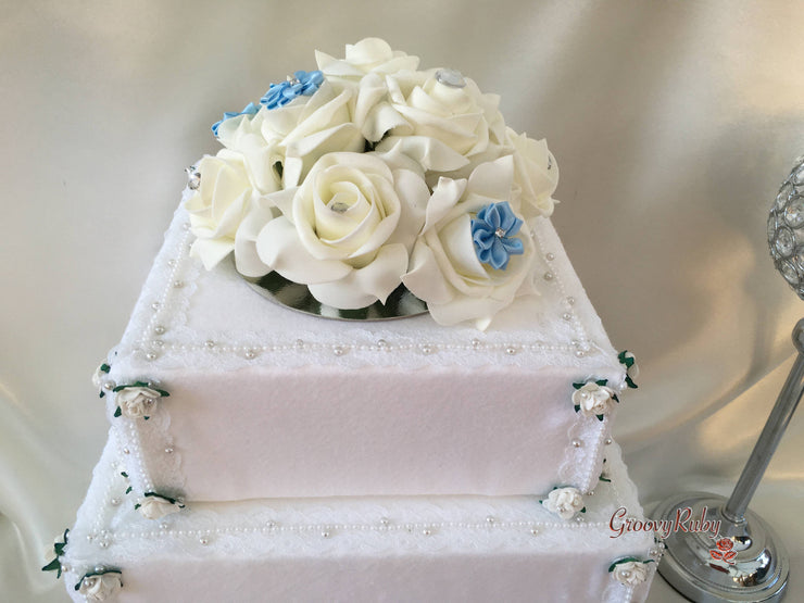 Rose Bouquets With Baby Blue Satin Diamante Flowers