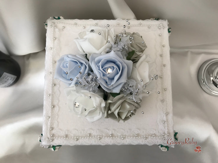 Ice Blue, Silver & White Roses With Delicate Heart Brooch