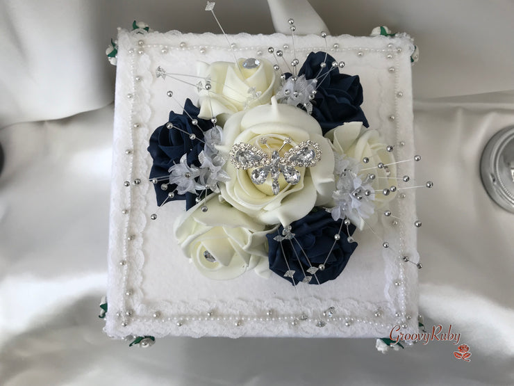 Navy & Ivory Rose With Silver & Crystal Butterfly