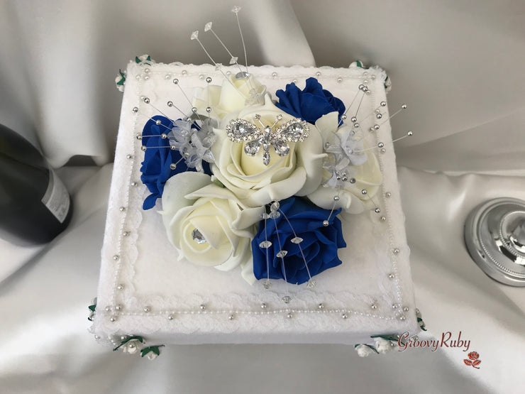 Royal Blue & Ivory Rose With Silver & Crystal Butterfly