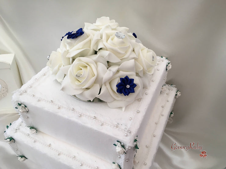 Rose Bouquets With Royal Blue Satin Diamante Flowers