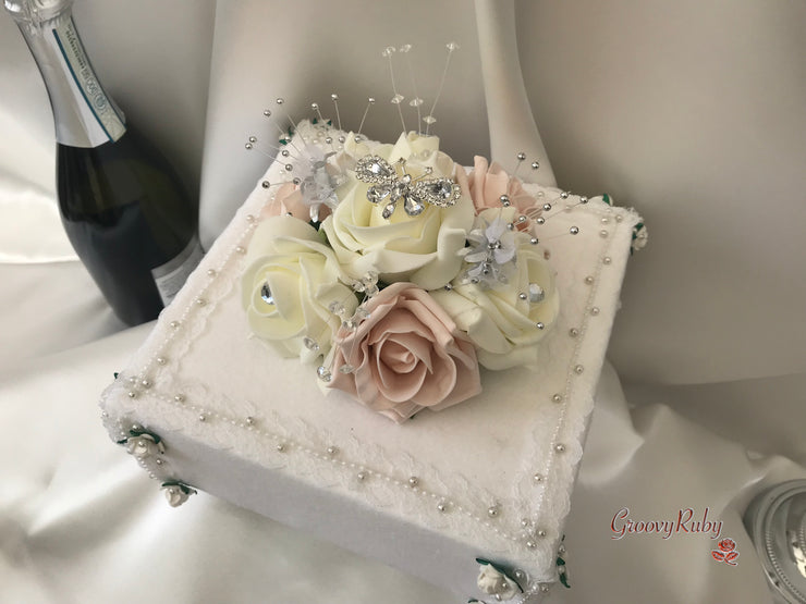 Mocha Pink & Ivory Rose With Silver & Crystal Butterfly