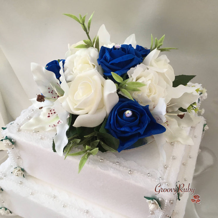 Small Tiger Lilies & Royal Blue Roses With Foliage Cake Topper