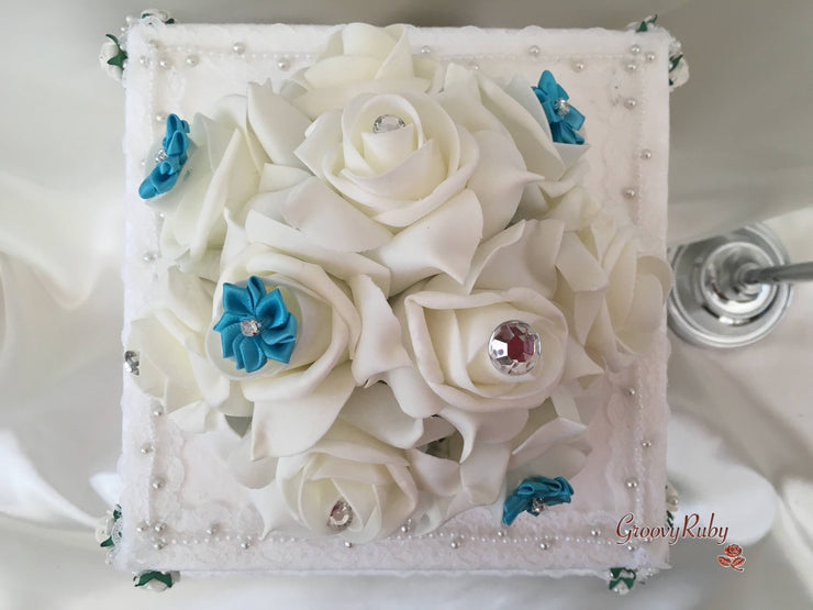 Rose Bouquets With Turquoise Satin Diamante Flowers