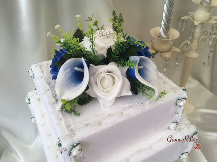 White & Blue Centred Calla Lilies With Roses & Heart Brooch
