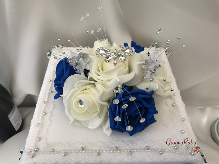 Royal Blue & Ivory Rose With Silver & Crystal Butterfly
