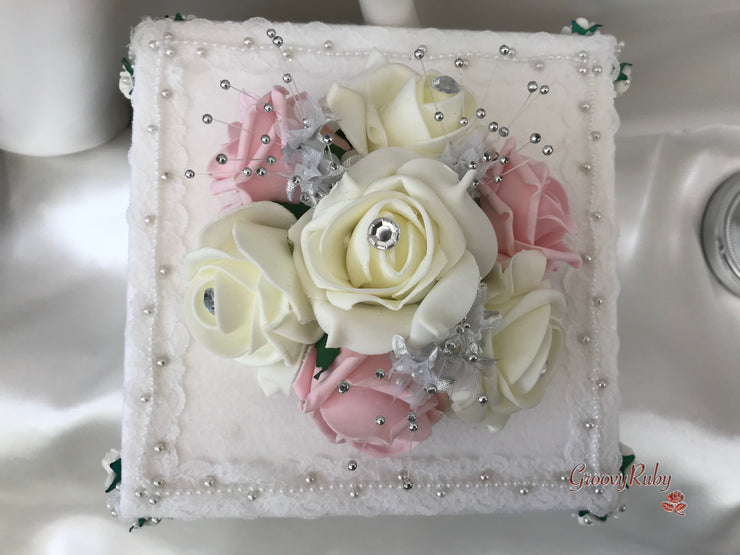 Dusky Pink & Silver Roses With Delicate Heart Brooch