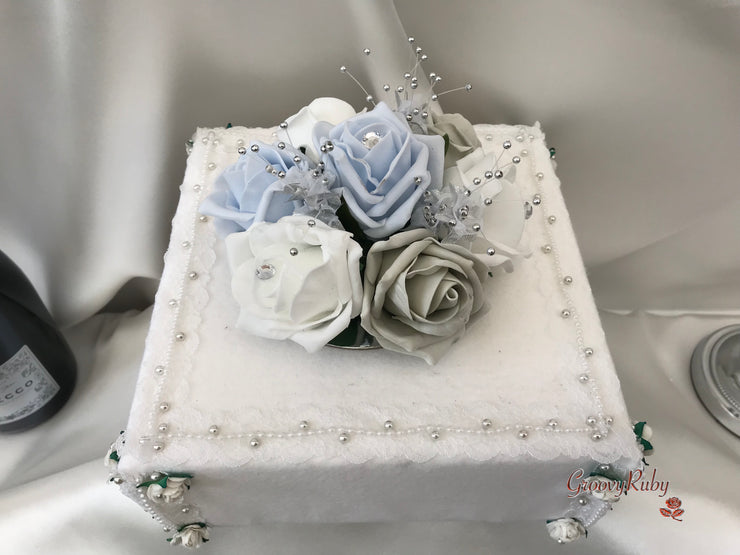 Ice Blue, Silver & White Roses With Delicate Heart Brooch