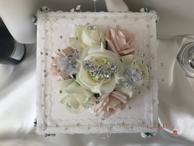 Mocha Pink & Ivory Rose With Silver & Crystal Butterfly