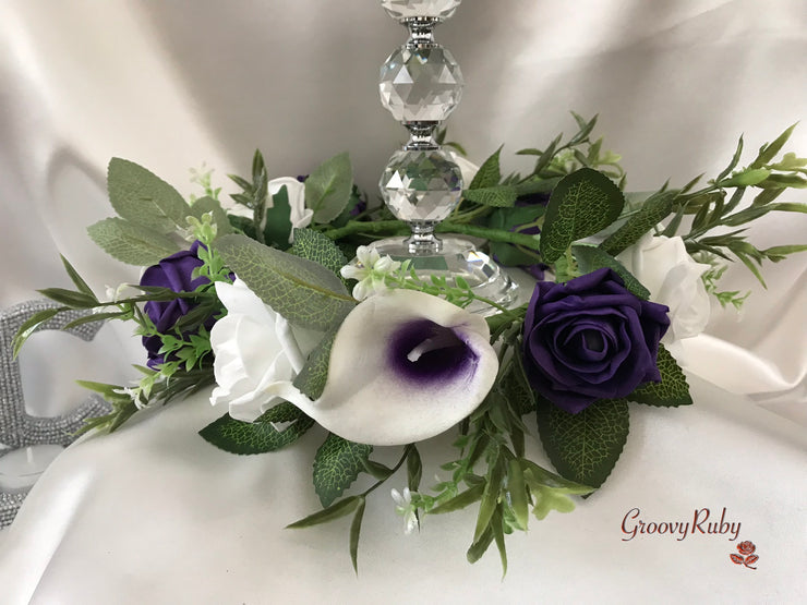 White & Purple Centred Calla Lily With Roses Wired Candelabra Table Rings