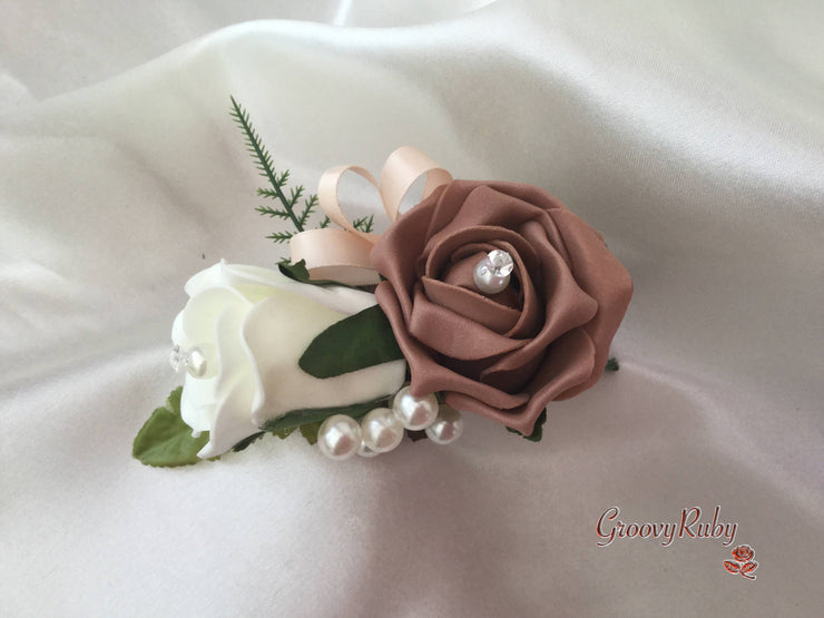 Ladies Pin On Corsage With Pearl Spray & Ribbon - Colour Combination Of your Choice