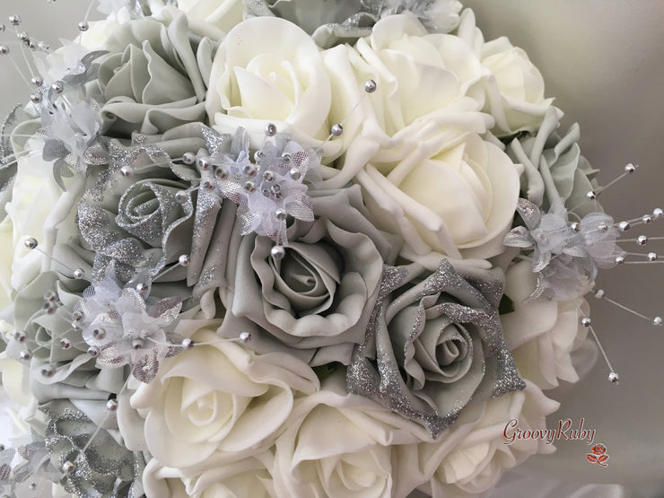 Silver Glitter Rose With Silver Babies Breath