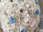 Rose Bouquets With Baby Blue Satin Diamante Flowers