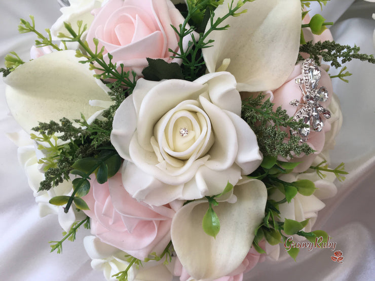 Blush Pink Rose & Large Ivory Calla Lilies With Crystal Butterfly Brooch