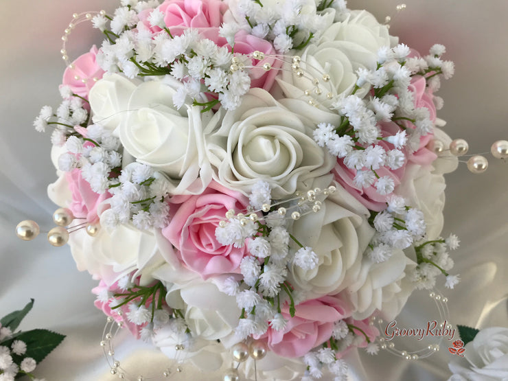 Baby Pink & Ivory Roses With Gypsophila & Pearl Sprays