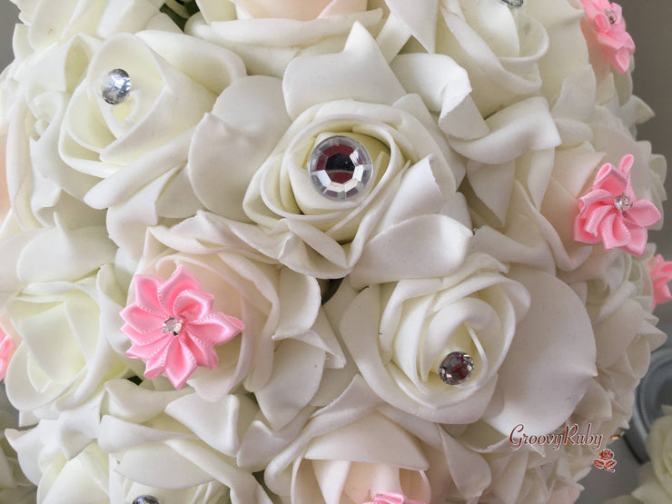 Rose Bouquets With Baby Pink Satin Diamante Flowers