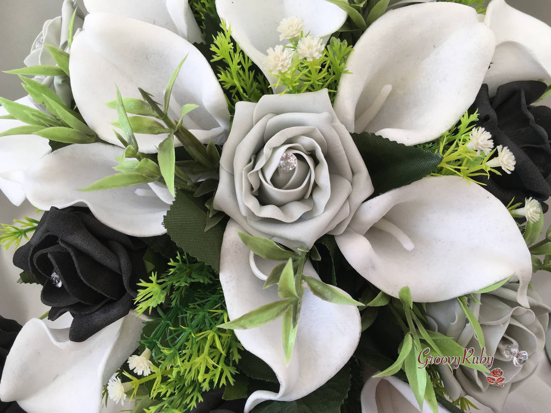 black and white calla lily bouquet Silver & Black Rose & Large White Calla Lily – GroovyRuby Ltd