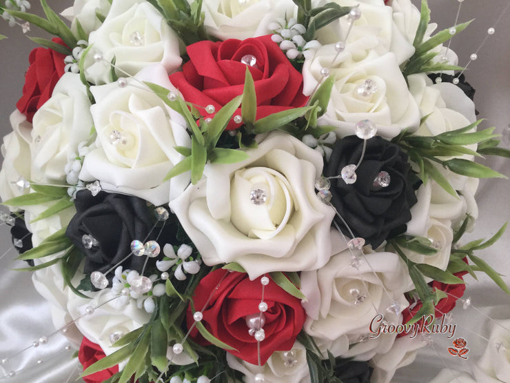 Black, Red & Ivory Rose With Foliage & Crystal Sprays