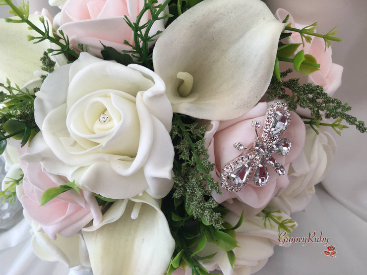 Blush Pink Rose & Large Ivory Calla Lilies With Crystal Butterfly Brooch