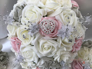 Dusky Pink & Silver Roses With Delicate Heart Brooch