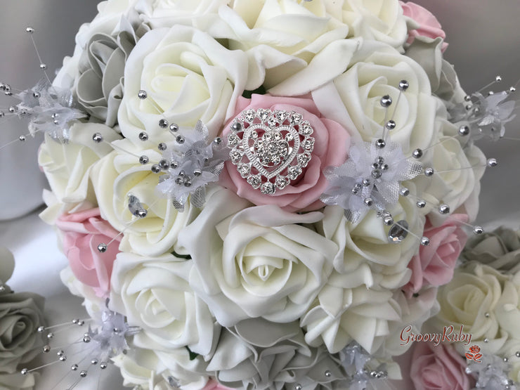 Dusky Pink & Silver Roses With Delicate Heart Brooch