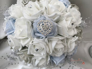 Ice Blue, Silver & White Roses With Delicate Heart Brooch