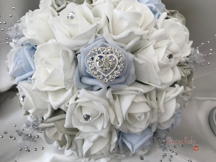 Ice Blue, Silver & White Roses With Delicate Heart Brooch