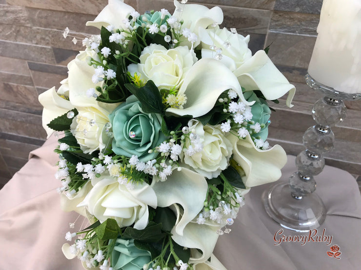 Mint Green Roses & Ivory Carnations With Calla Lily & Gypsophila