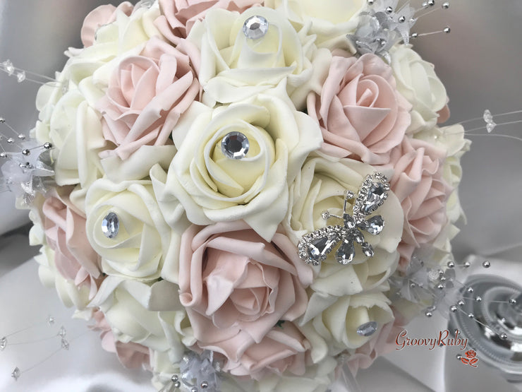 Mocha Pink & Ivory Rose With Silver & Crystal Butterfly