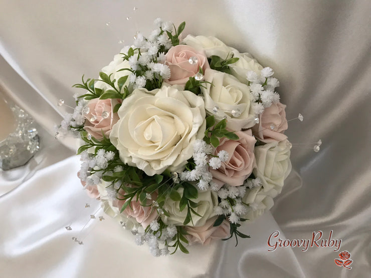 Mocha Pink & Ivory Rose With Foliage, Gypsophila & Crystal Sprays