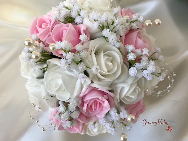 Baby Pink & Ivory Roses With Gypsophila & Pearl Sprays