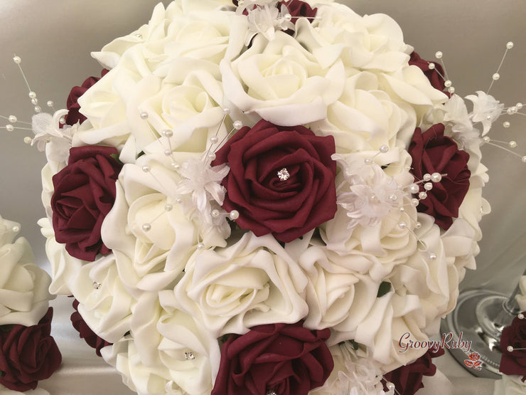 Burgundy & Ivory Rose Crystal With Ivory Pearl Babies Breath