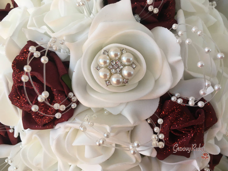 Burgundy Glitter Rose With Pearls & Pearl Diamante Brooch