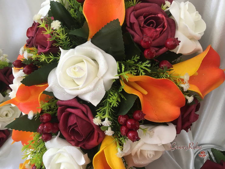 Ivory Glitter Rose, Orange Calla Lily, Burgundy Rose & Berries